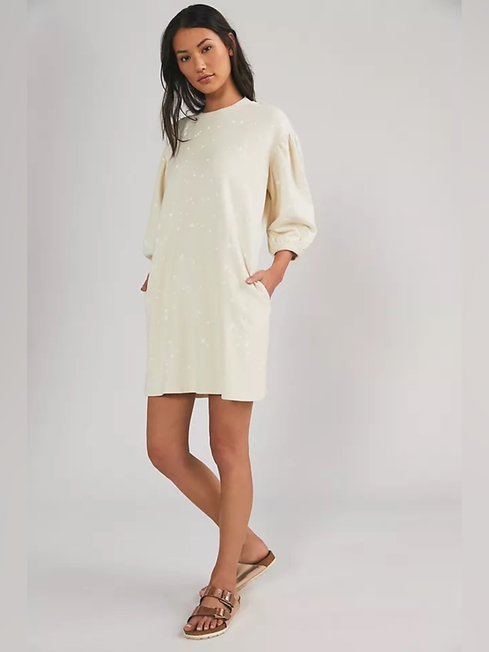 Clare V. Drop Shoulder Paint Splatter Sweatshirt Dress in Cream, Size XS